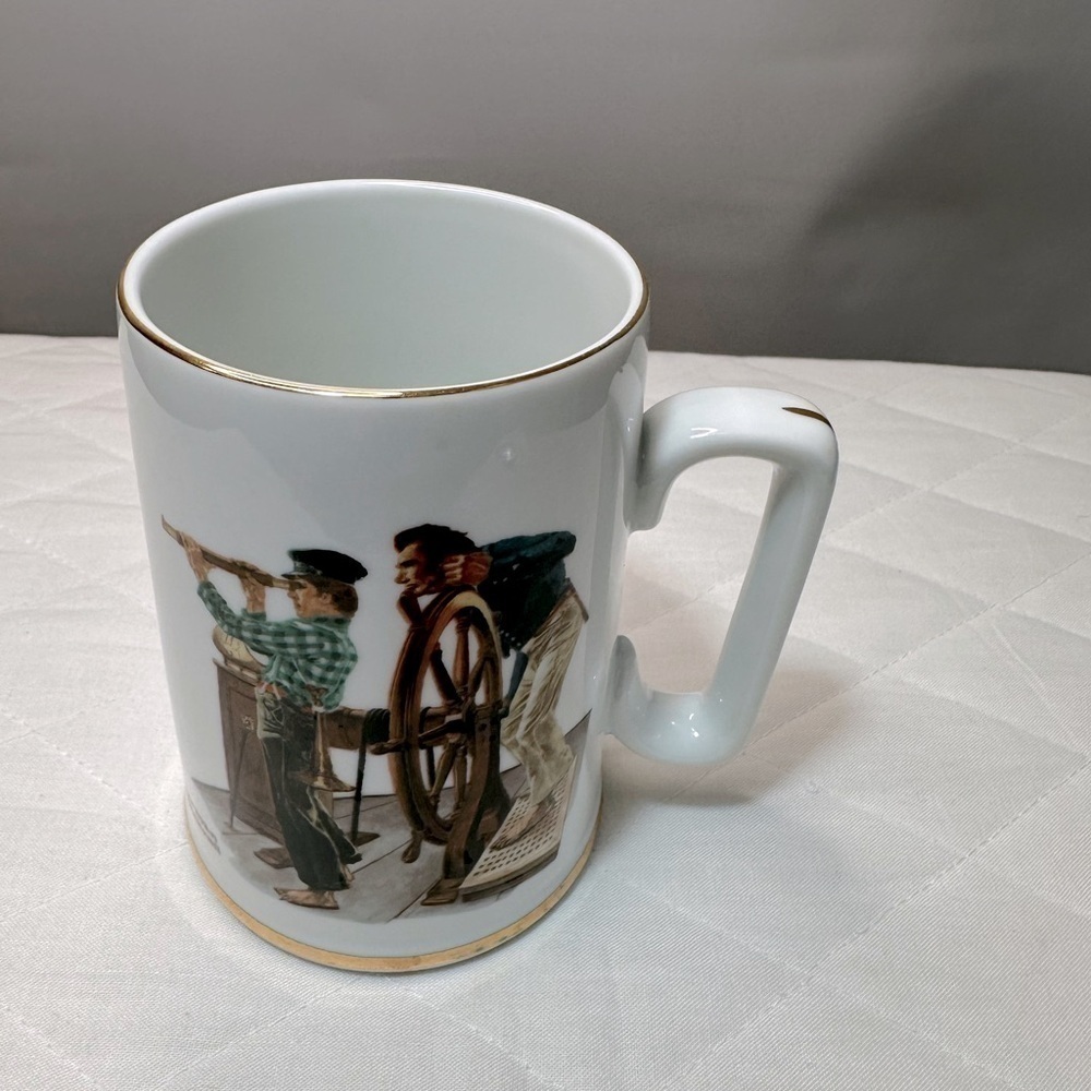 Vintage Norman Rockwell River Pilot Coffee Mug Tea Cup Cream With Gold Trim 4.5”
